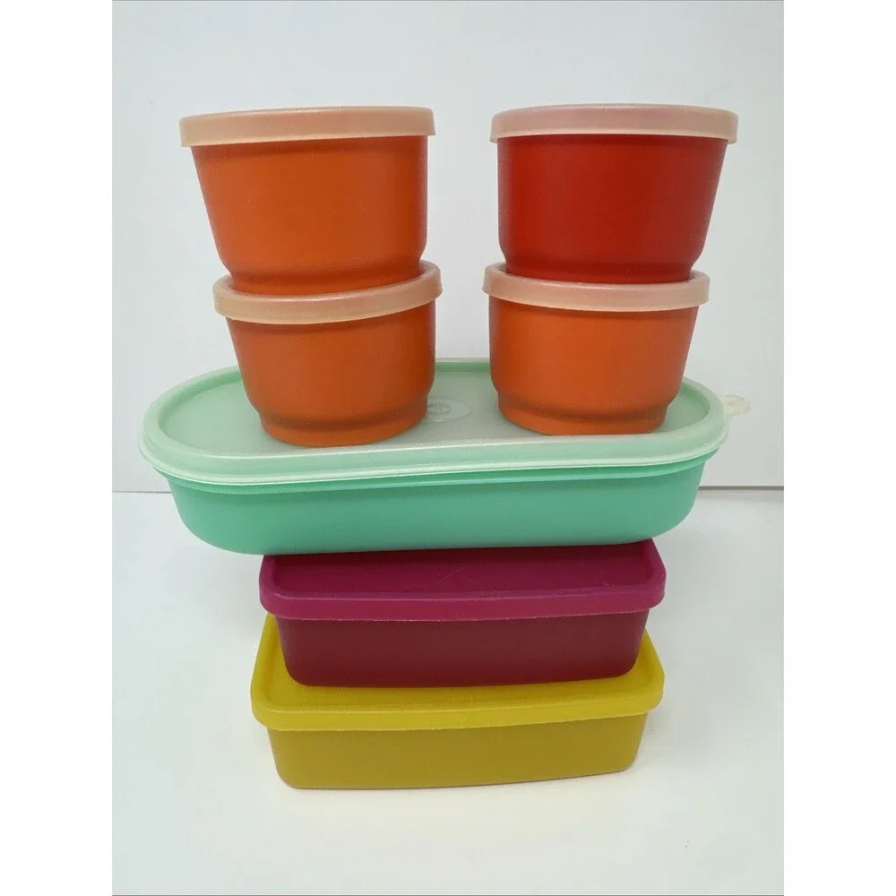 7x Vintage Tupperware Snack Set - 2 square away keeper 4 cups orange red yellow